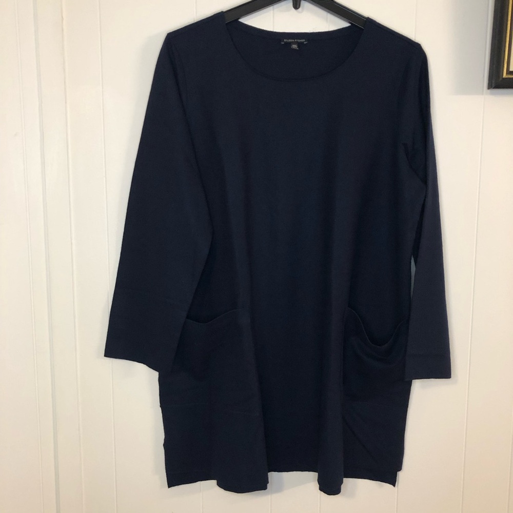 Eileen Fisher Navy Wool Oversized Dress Tunic with Front Pockets XL